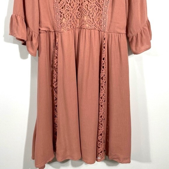 Maurices Boho Coral Rust Crochet Overlay V Neck Ruffle Sleeve Dress - Picture 4 of 13